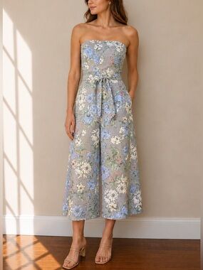 Strapless Floral Jumpsuit Wide Leg Cropped Spring Summer Wedding Showers size 8